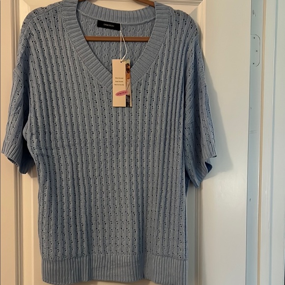 Blue V-Neck Knit Blouse - Picture 1 of 5